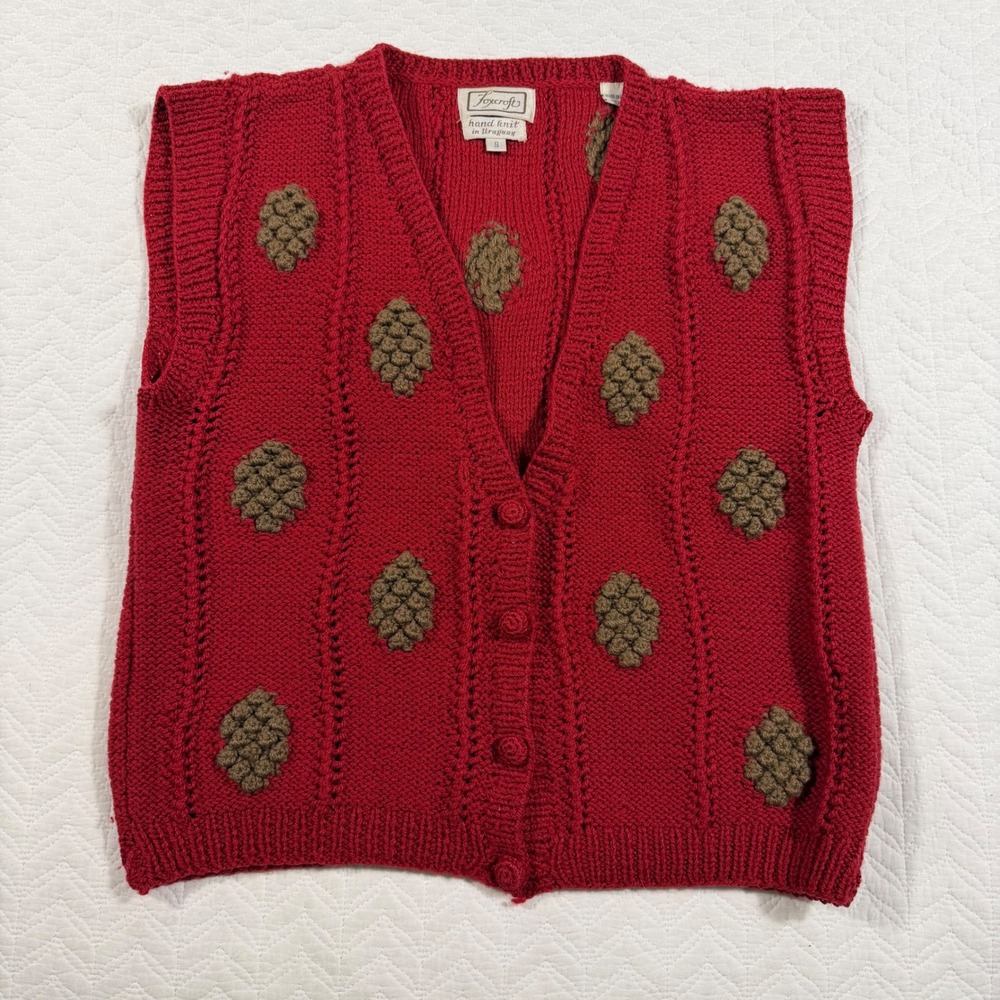 Vintage Foxcroft Red Hand Knit 100% Wool Vest With Pinecone Appliques Size S - Picture 6 of 9